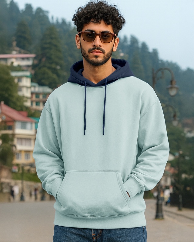 Shop Men's Green & Navy Blue Oversized Hoodies-Front