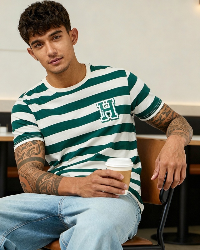 Shop Men's Green & Off White Striped T-shirt-Front