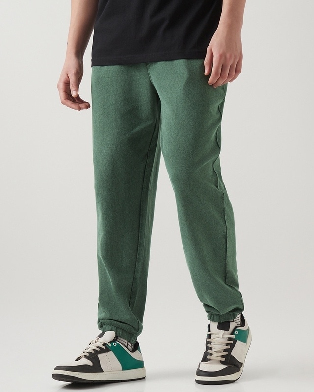 Shop Men's Green Oversized Acid Wash Joggers-Front