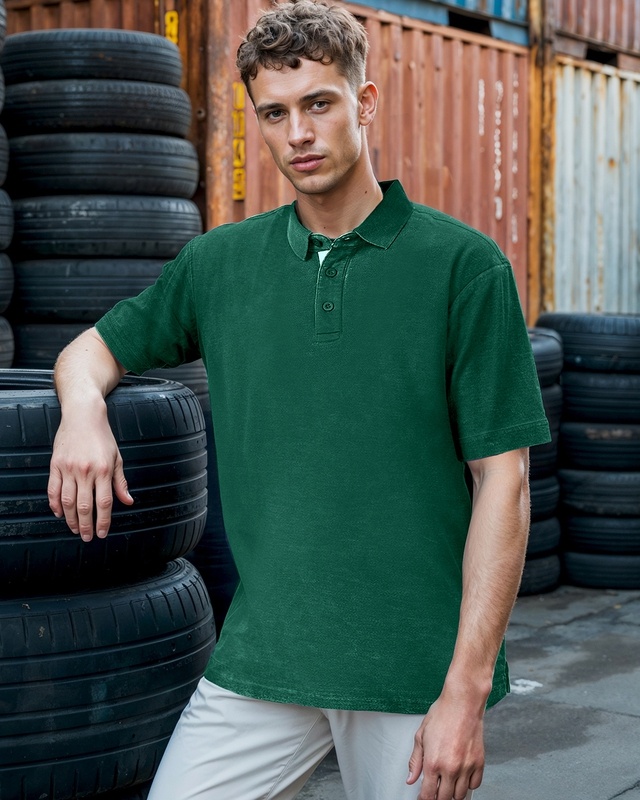 Shop Men's Green Oversized Acid Wash Polo T-shirt-Front
