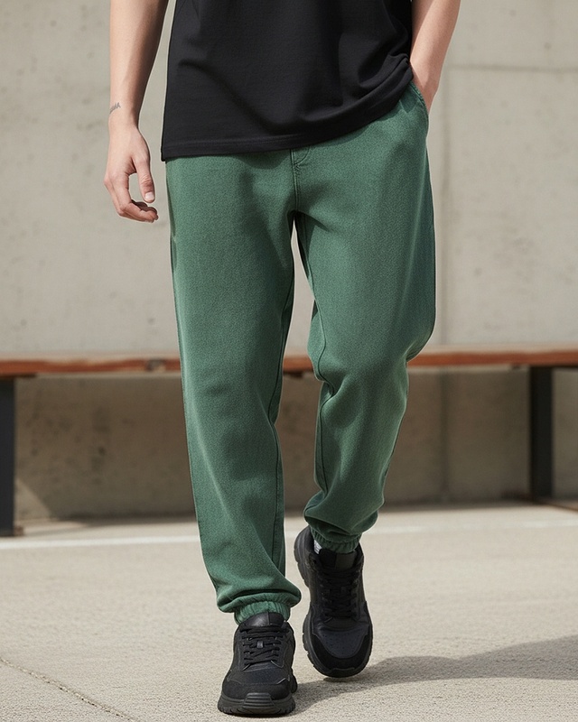 Shop Men's Green Oversized Acid Wash Warm Joggers-Front