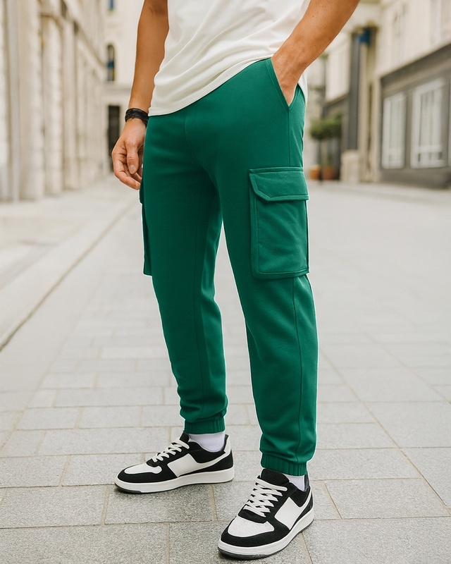 Shop Men's Green Oversized Cargo Warm Joggers-Front
