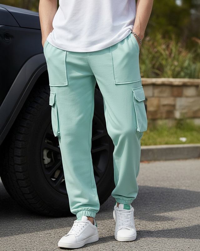 Men's Green Oversized Cargo Warm Joggers-Front Bewakoof Shop Men's Green Oversized Cargo Warm Joggers-Front