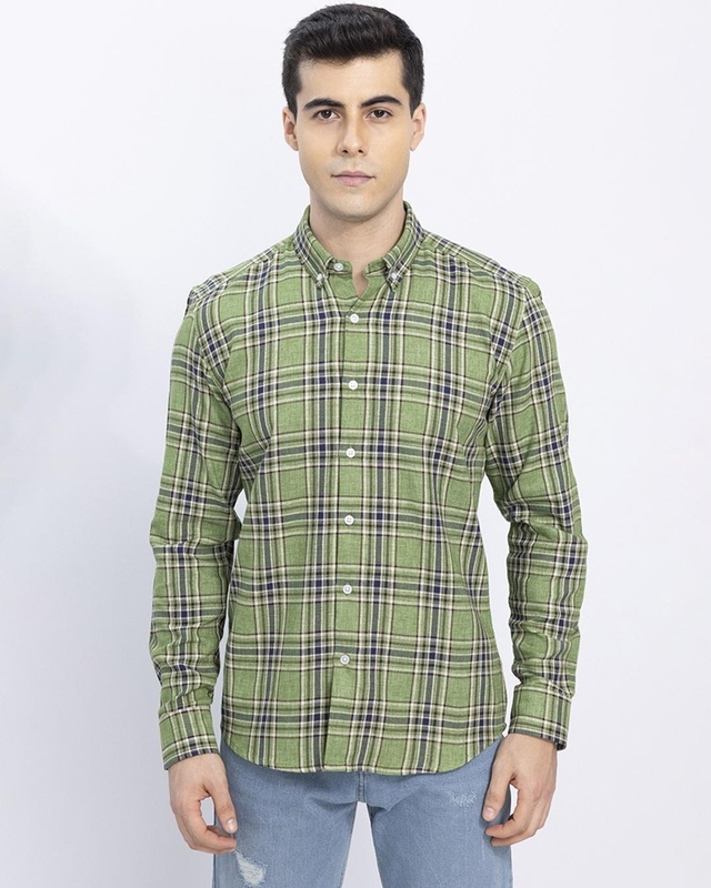 Shop Men's Green Portrait Checked Slim Fit Shirt-Front