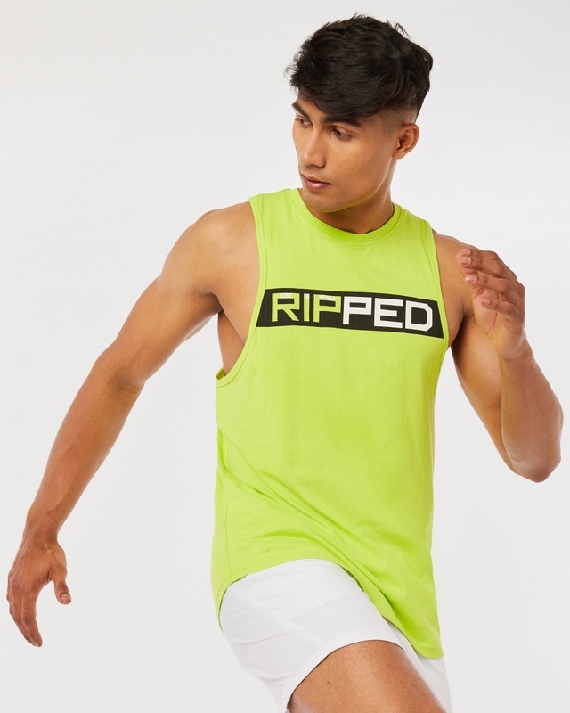 Shop Men's Green Ripped Athleisure Deep Armhole Vest-Front