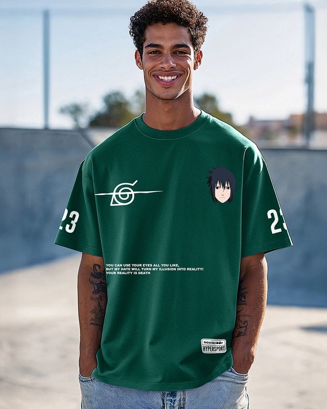 Men's Green Sasuke Graphic Printed Oversized T-shirt-Front Bewakoof Shop Men's Green Sasuke Graphic Printed Oversized T-shirt-Front