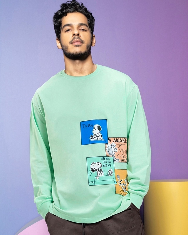 Shop Men's Green Snoopy Stripboard Graphic Printed Oversized T-shirt-Front