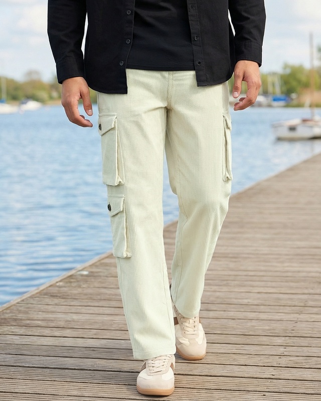 Men's Light Green Straight Fit Cargo Corduroy Pants-Front Bewakoof Shop Men's Light Green Straight Fit Cargo Corduroy Pants-Front