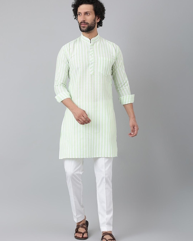 Shop Men's Green Striped Kurta-Front