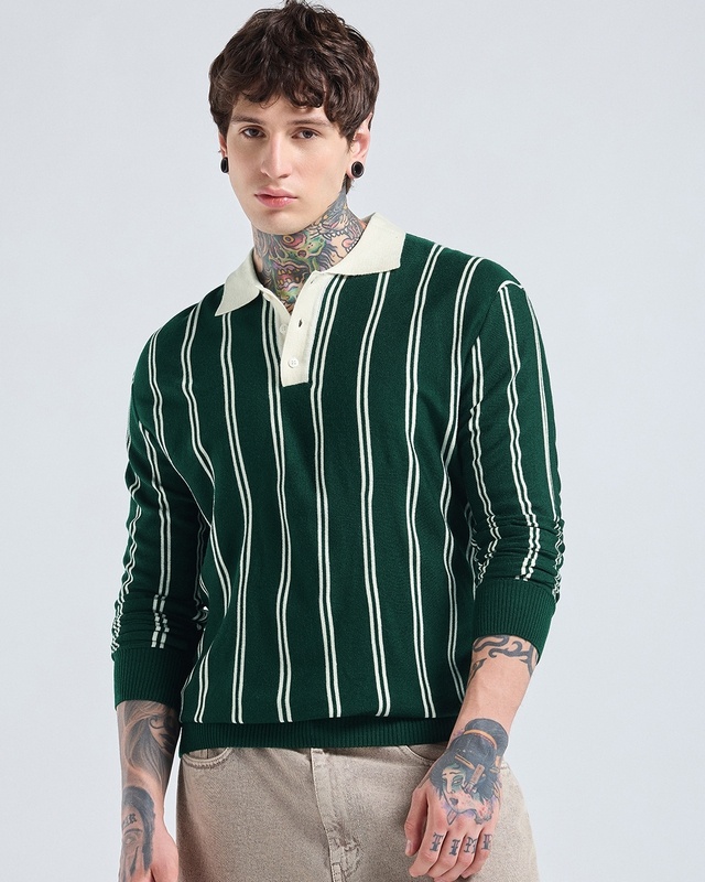 Shop Men's Green Striped Oversized Polo Sweater-Front