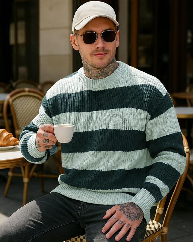 Shop Men's Green Striped Oversized Sweater-Front