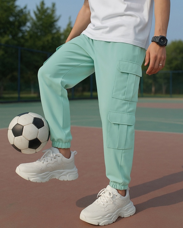 Shop Men's Green Super Loose Fit Cargo Warm Joggers-Front