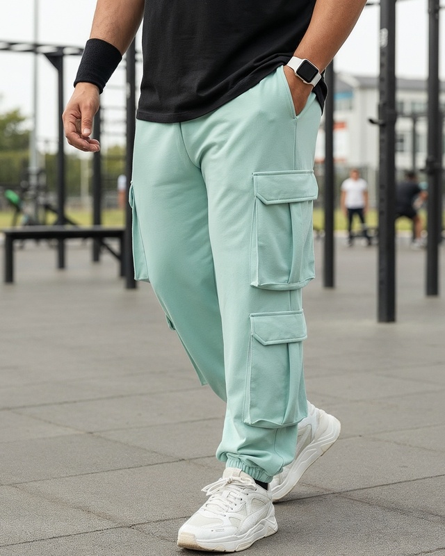 Shop Men's Green Super Loose Fit Plus Size Cargo Joggers-Front