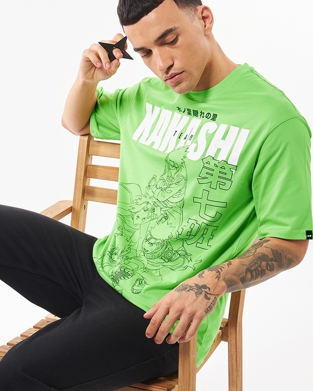 Shop Men's Green Team Kakashi Graphic Printed Oversized T-shirt-Front