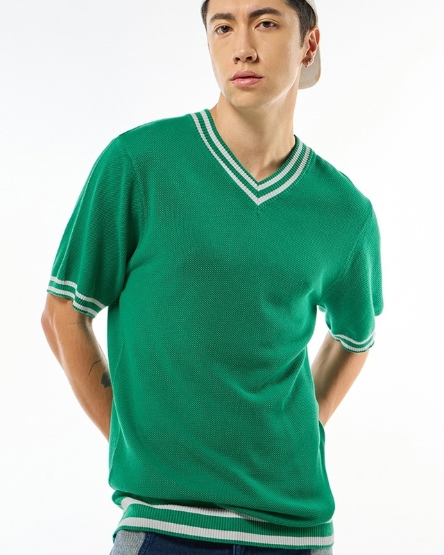 Shop Men's Green Textured Flatknit T-shirt-Front