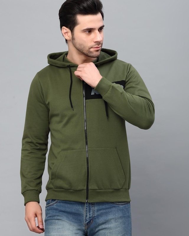 Shop Men's Green Typography Slim Fit Hooded Jacket-Front