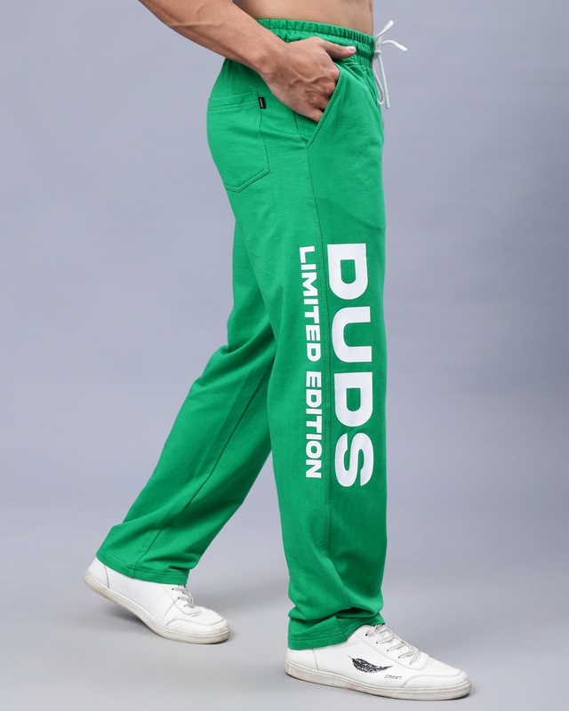 Shop Men's Green Typography Relaxed Fit Track Pants-Front
