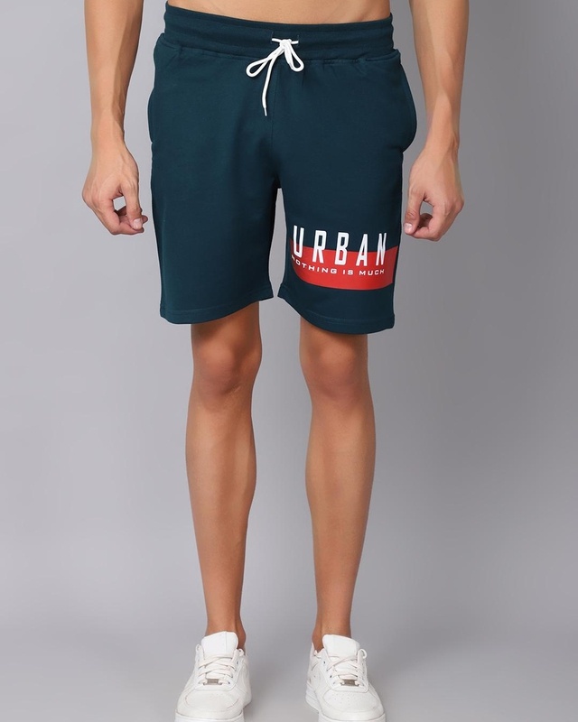 Shop Men's Green Typography Slim Fit Shorts-Front