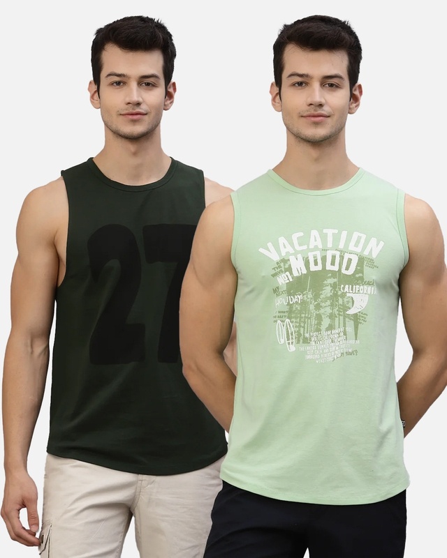 Shop Pack of 2 Men's Green Typography Slim Fit Vest-Front