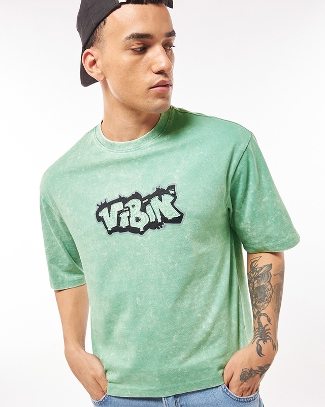 Shop Men's Green Vibin Graphic Printed Oversized Acid Wash T-shirt-Front