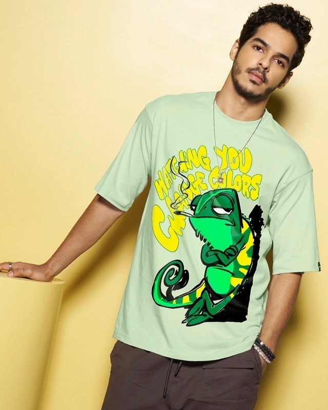 Shop Men's Green Watching You Change Colours Graphic Printed Oversized T-shirt-Front