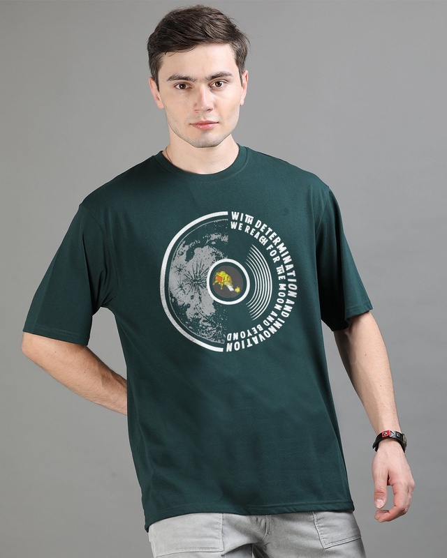 Shop Men's Green We Reach The Moon Graphic Printed Oversized T-shirt-Front
