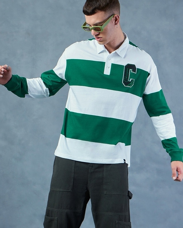 Shop Men's Green & White Champion Striped Oversized Polo T-shirt-Front