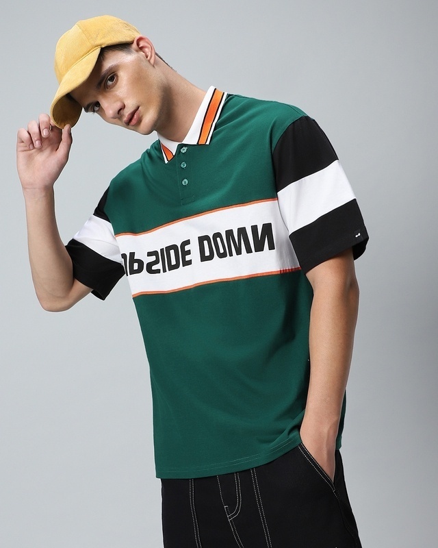 Shop Men's Green & White NB Side Domn Color Block Oversized T-shirt-Front