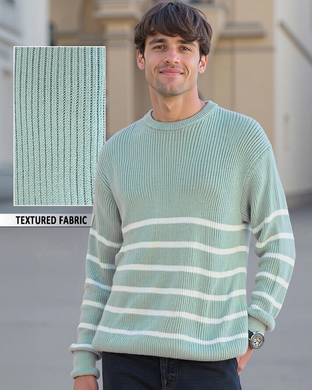 Men's Green & White Striped Super Loose Fit Sweater