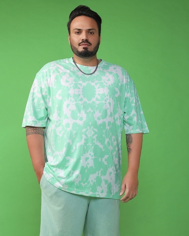 Shop Men's Green & White Tie & Dye Oversized Plus Size T-shirt-Front