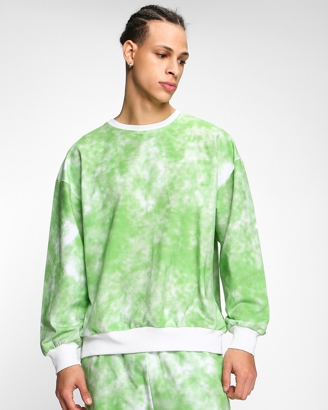 Shop Men's Green & White Tie & Dye Oversized Sweatshirt-Front