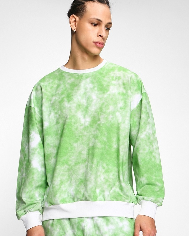 Shop Men's Green & White Tie & Dye Oversized Sweatshirt-Front