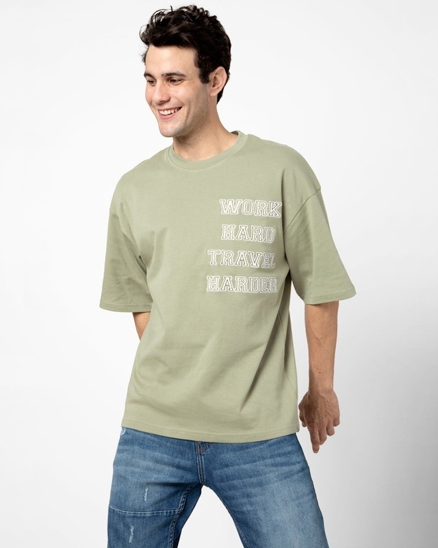 Shop Men's Green Work Hard Travel Harder Oversized T-shirt-Front