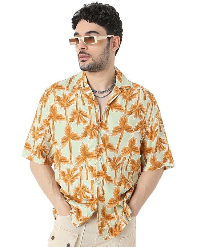 Shop Men's Green & Mustard Yellow All Over Tropical Printed Relaxed Fit Shirt-Front