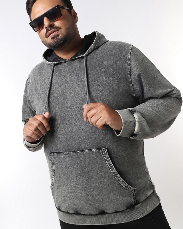 Shop Men's Grey Acid Wash Plus Size Hoodies-Front