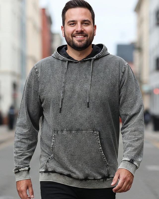 Shop Men's Grey Acid Wash Plus Size Hoodies-Front