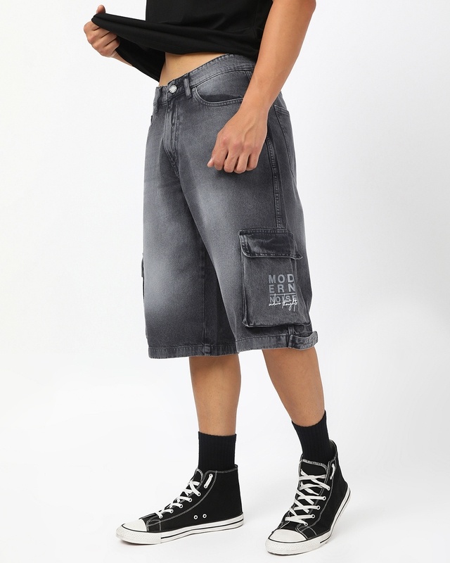 Shop Men's Light Grey Washed Baggy Fit Cargo Shorts-Front