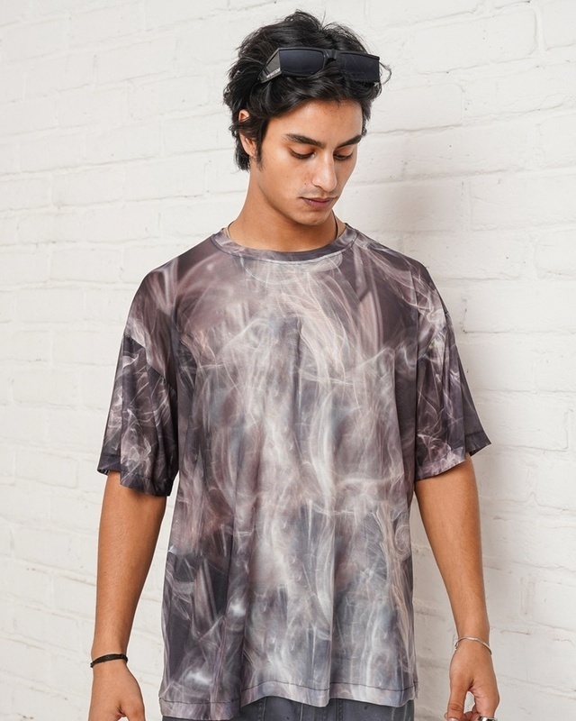 Shop Men's Grey All Over Abstract Printed Oversized T-shirt-Front
