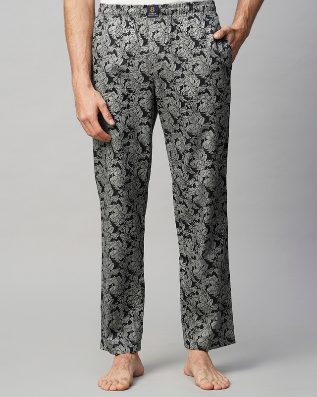 Shop Men's Grey & Black All Over Leaf Printed Pyjamas-Front