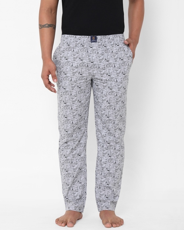 Shop Men's Grey All Over Printed Cotton Lounge Pants-Front