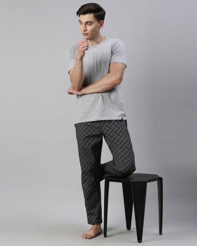Shop Men's Grey All Over Printed Cotton Pyjamas-Front