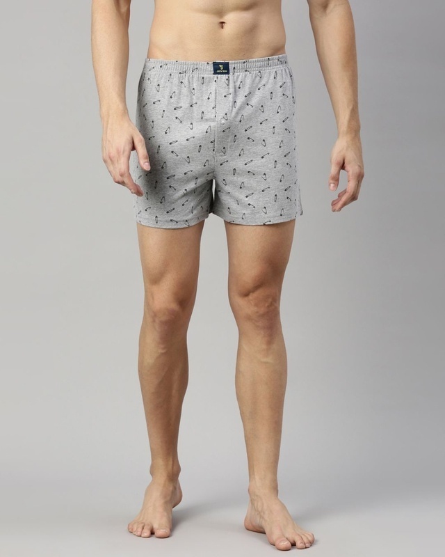 Shop Men's Grey All Over Safety Pins Printed Cotton Boxers-Front
