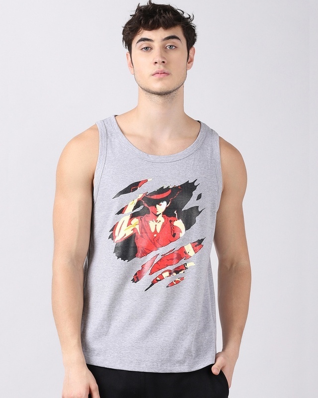Shop Men's Grey Anime One Piece Luffy Angry Graphic Printed Vest-Front