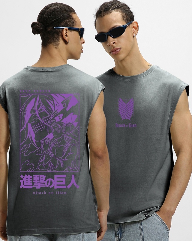 Shop Men's Grey AOT Founding Titan Graphic Printed Boxy Fit Vest-Front