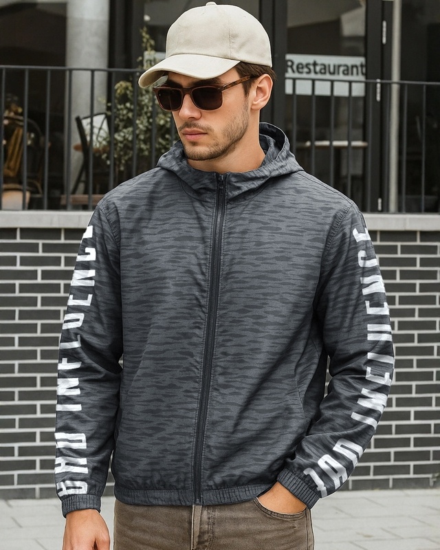 Shop Men's Grey Bad Influence Typography Super Loose Fit Windcheater Jacket-Front