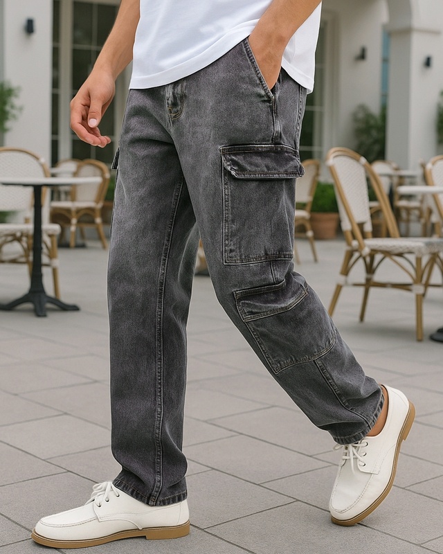 Shop Men's Grey Baggy Fit Washed Cargo Mid-Rise Jeans-Front