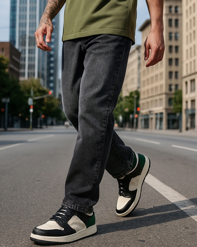 Men's Grey Baggy Fit Washed Mid-Rise Jeans