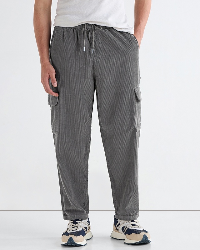 Shop Men's Grey Baggy Oversized Japanese Cargo Carpenter Pants-Front