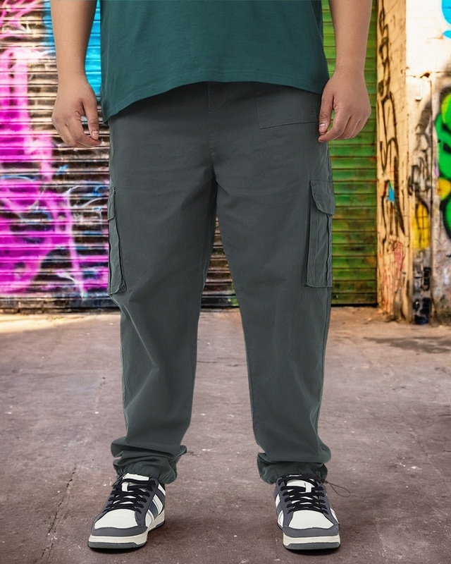 Shop Men's Grey Baggy Oversized Plus Size Cargo Parachute Pants-Front