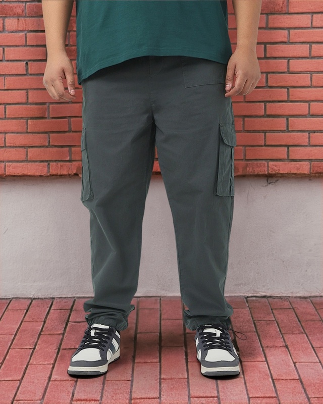 Shop Men's Grey Baggy Oversized Plus Size Cargo Parachute Pants-Front